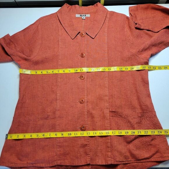 FLAX Linen Orangey Red Rust Button Up Jacket Schaket With Pockets - Picture 6 of 11